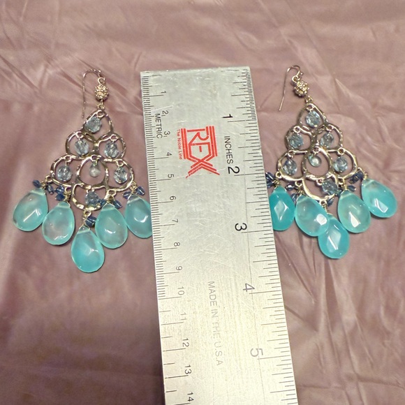 Vintage Y2K J. Crew Gold and Teal Chandelier Earrings 3.5” Drop - Picture 5 of 5